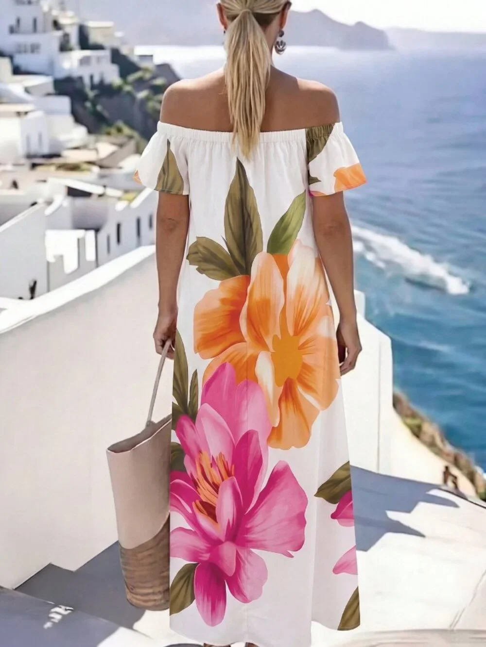 Multicolor Boho Women's Vacation Casual Floral Print Off-Shoulder Long Dress - Picture 2 of 5